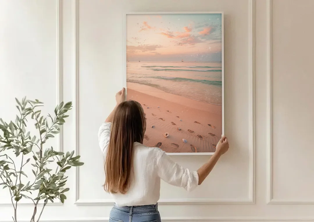 St. Petersburg Beachfront Serenity canvas wall art being hung on a paneled wall