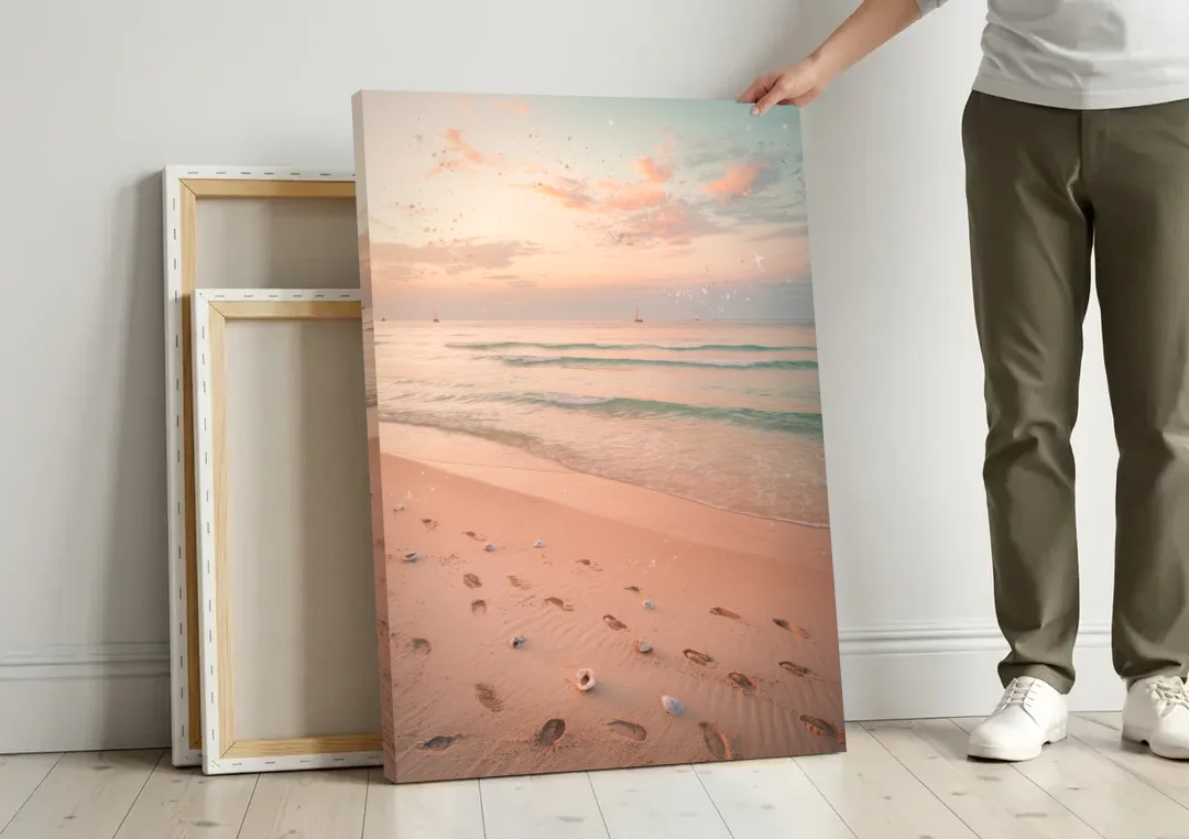 St. Petersburg Beachfront Serenity canvas wall art leaning against a wall next to blank canvases