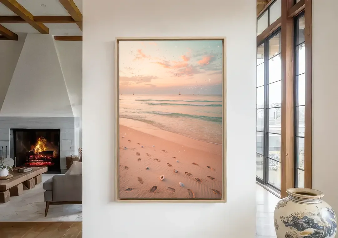 St. Petersburg Beachfront Serenity canvas wall art in a living room with a fireplace