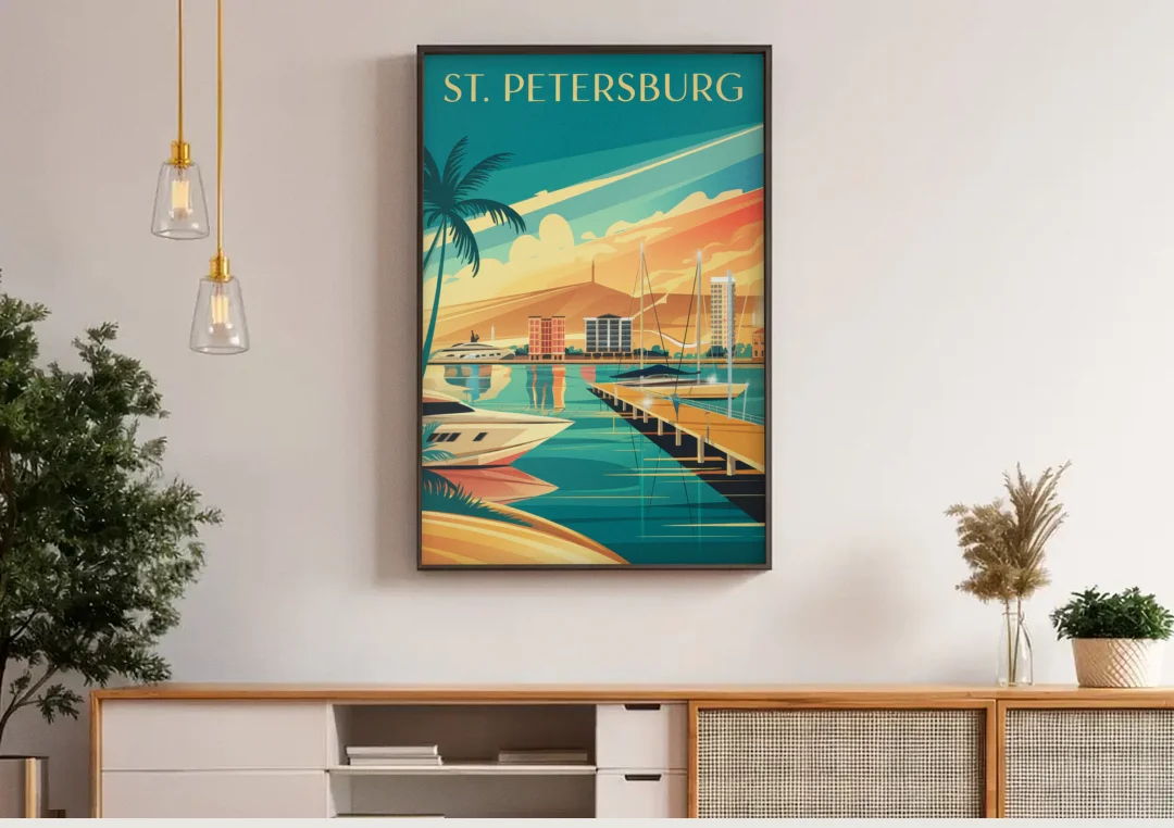 St. Petersburg Gulf Coast Views canvas wall art above a wooden sideboard under pendant lights