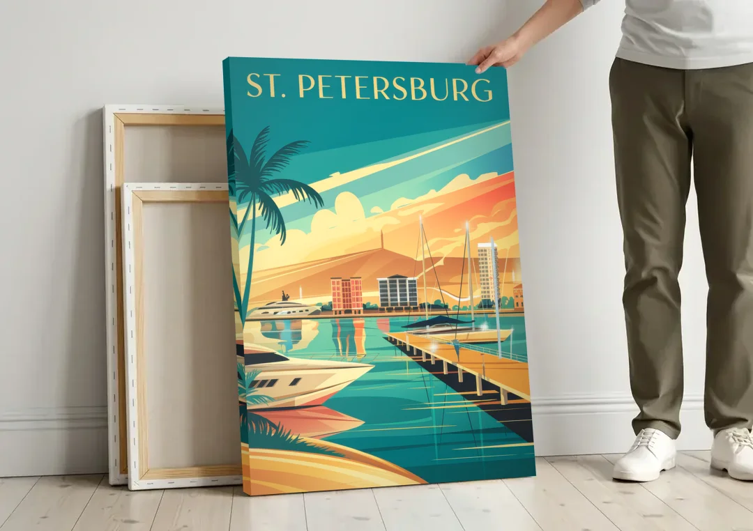 St. Petersburg Gulf Coast Views canvas wall art leaning against a wall next to blank canvases
