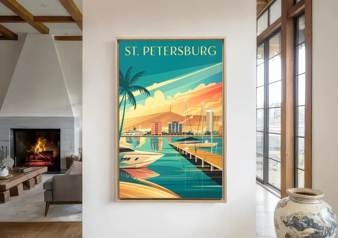 St. Petersburg Gulf Coast Views canvas wall art in a living room with a fireplace