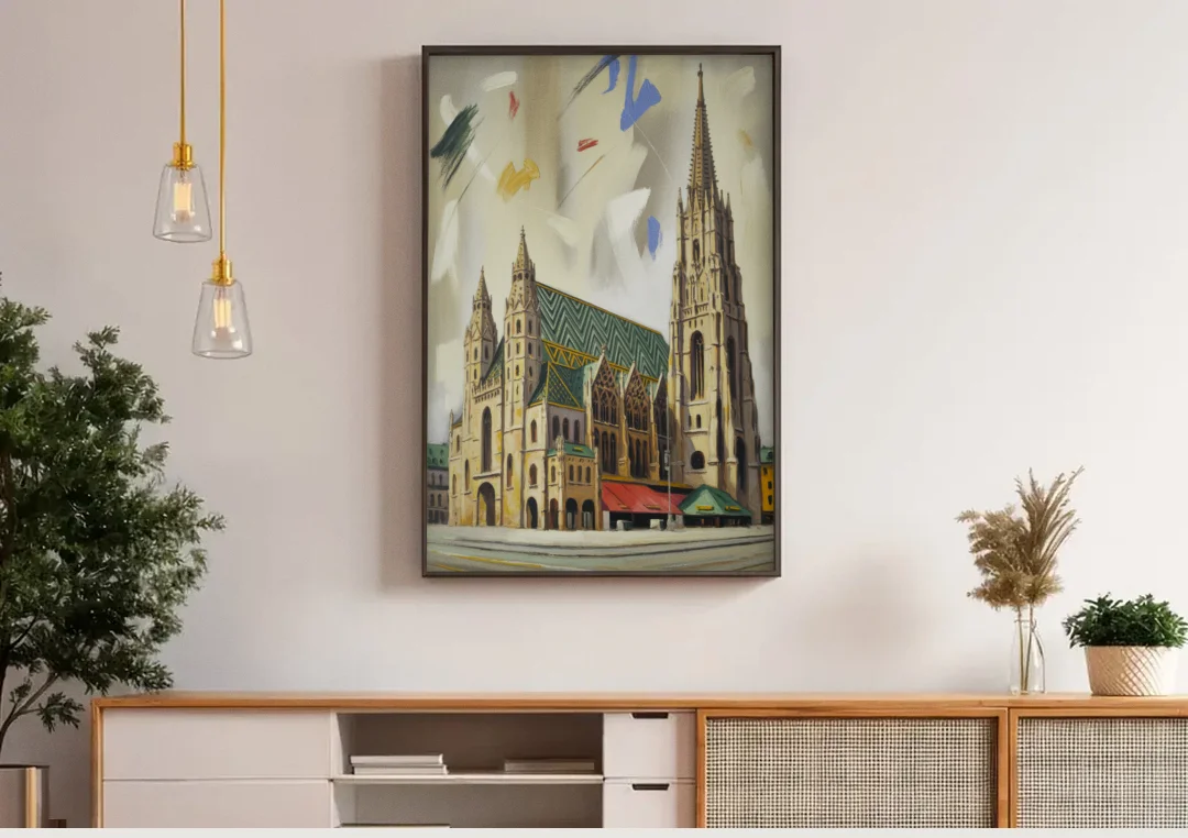 St. Stephen's Majesty canvas wall art above a wooden sideboard under pendant lights