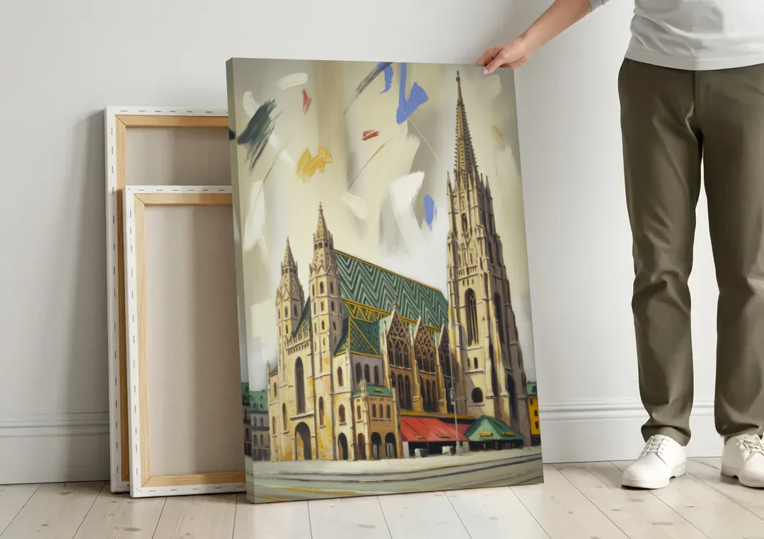 St. Stephen's Majesty canvas wall art leaning against a wall next to blank canvases