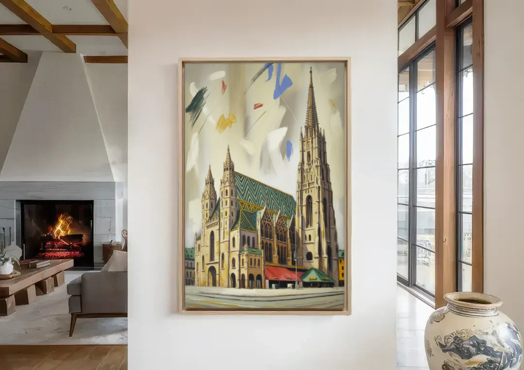 St. Stephen's Majesty canvas wall art in a living room with a fireplace