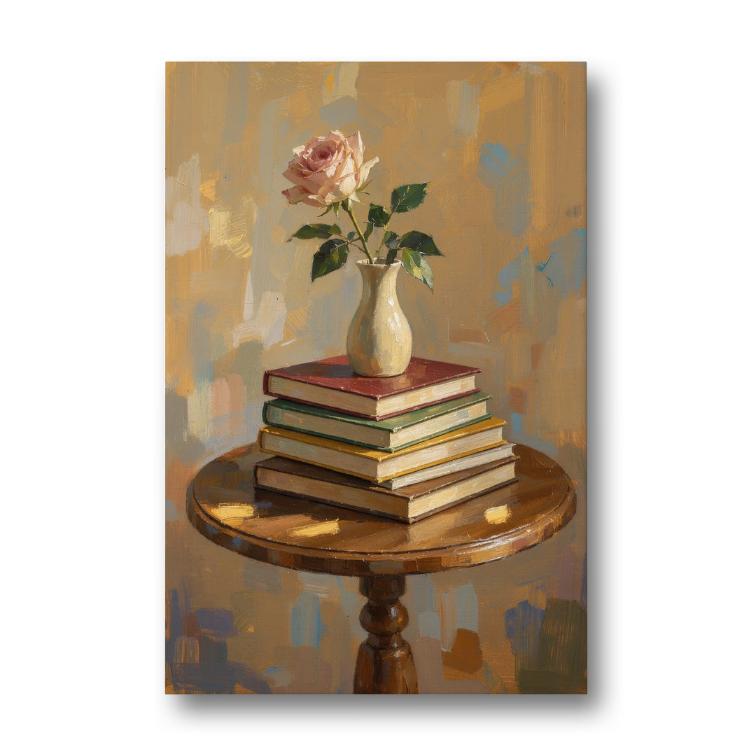 Stack of Books Painting with a Blush Rose - Canvas Wall Art - Front