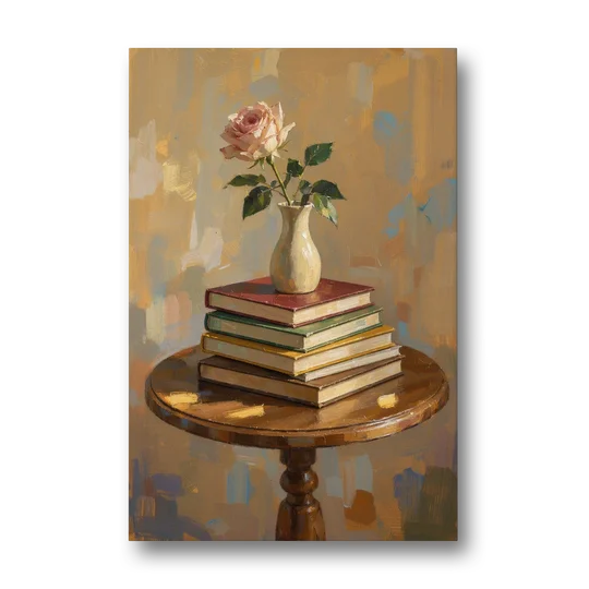 Stack of Books Painting with a Blush Rose - Canvas Wall Art - Front