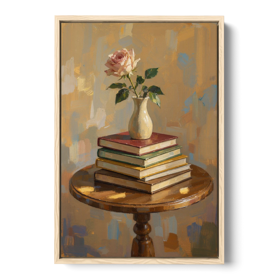 Stack of Books Painting with a Blush Rose - Oak Framed Canvas Wall Art - Front
