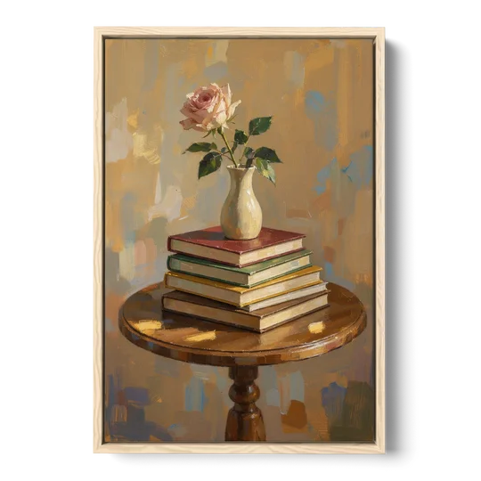 Stack of Books Painting with a Blush Rose - Oak Framed Canvas Wall Art - Front