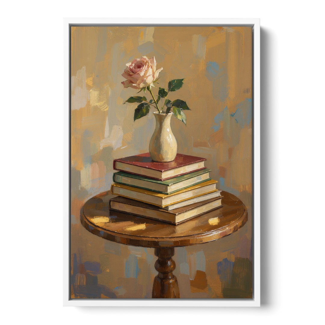 Stack of Books Painting with a Blush Rose - White Framed Canvas Wall Art - Front