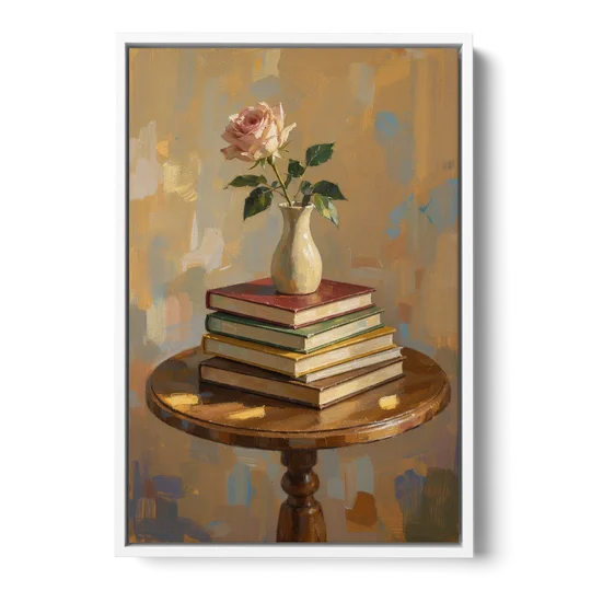 Stack of Books Painting with a Blush Rose - White Framed Canvas Wall Art - Front
