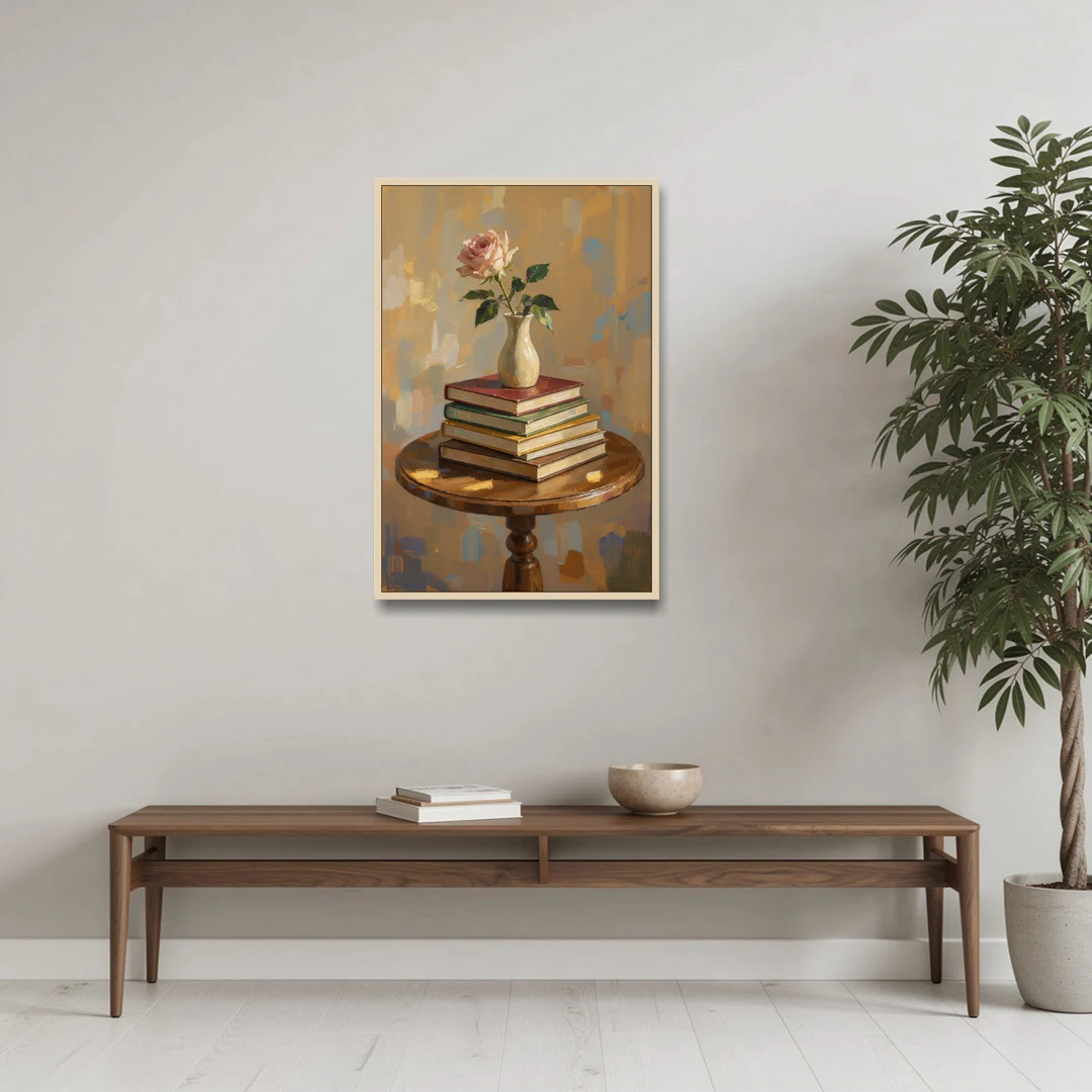 Stack of Books Painting with a Blush Rose - Oak Framed Canvas Wall Art - Coffee Table - 24x36