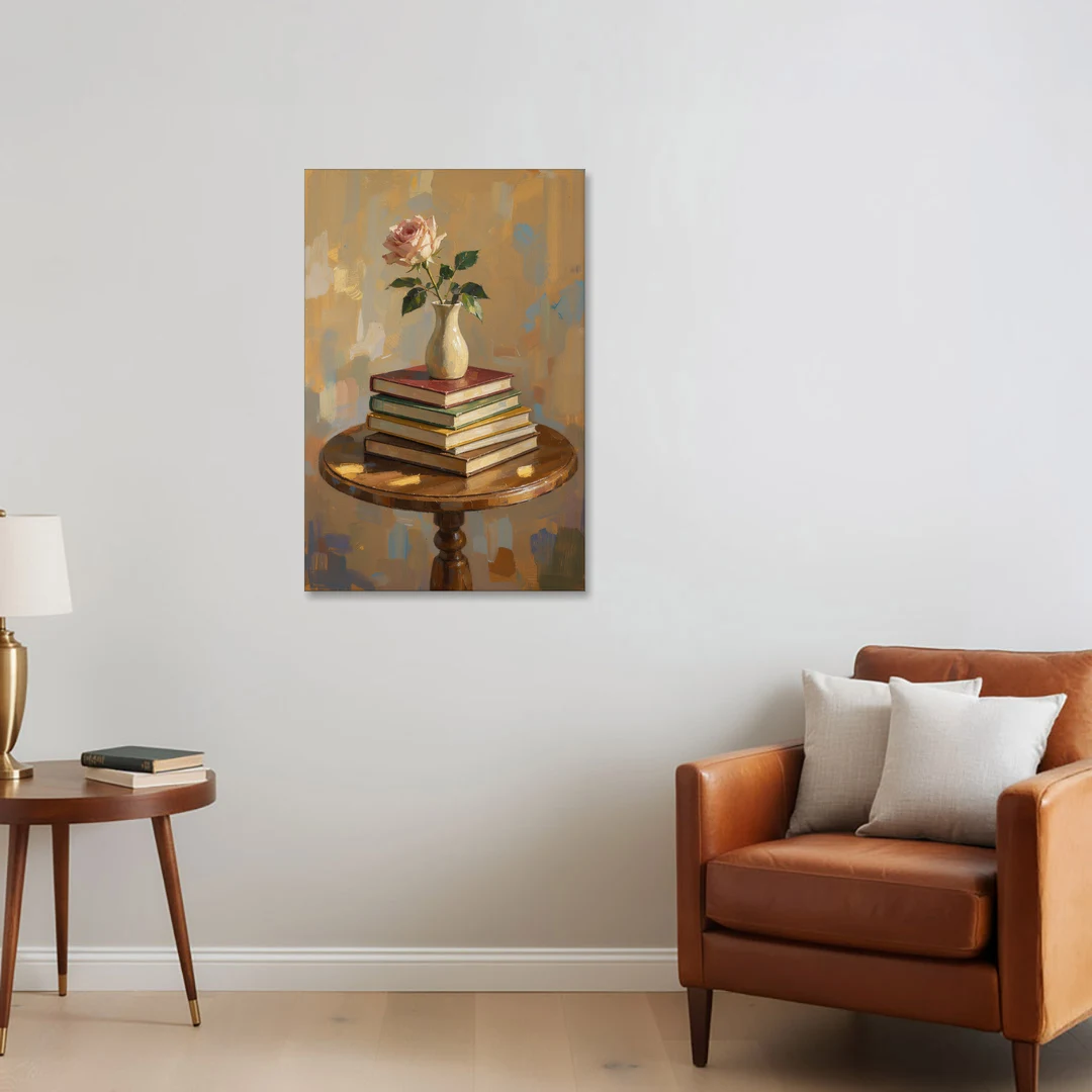 Stack of Books Painting with a Blush Rose - Canvas Wall Art - Sofa - 24x36