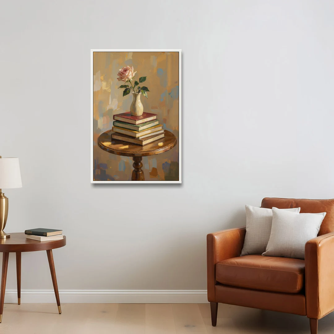 Stack of Books Painting with a Blush Rose - White Framed Canvas Wall Art - Sofa - 24x36