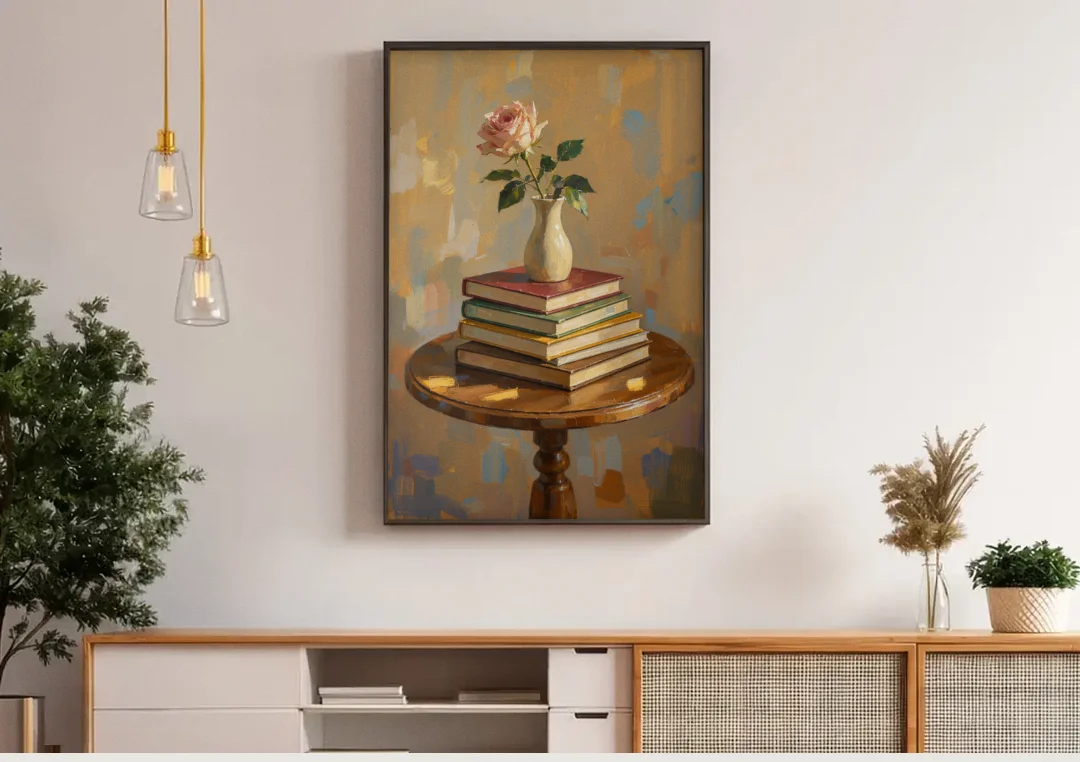 Stack of Books Painting with a Blush Rose canvas wall art above a wooden sideboard under pendant lights