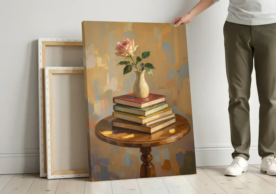 Stack of Books Painting with a Blush Rose canvas wall art leaning against a wall next to blank canvases