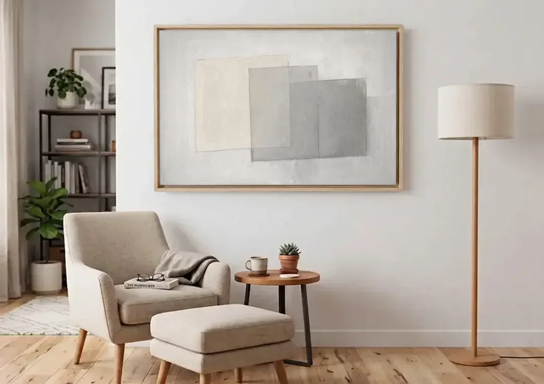 Neutral Abstract Stacked Tissue Panels canvas wall art above an armchair in a bright living room