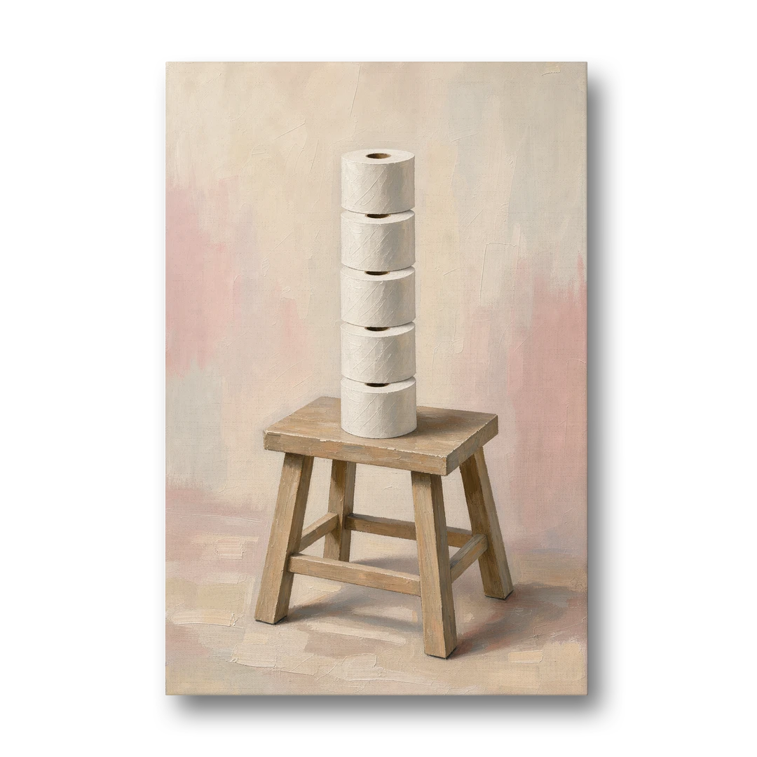 Stacked Toilet Paper Rolls on a Wooden Stool - Canvas Wall Art - Front