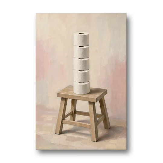 Stacked Toilet Paper Rolls on a Wooden Stool - Canvas Wall Art - Front