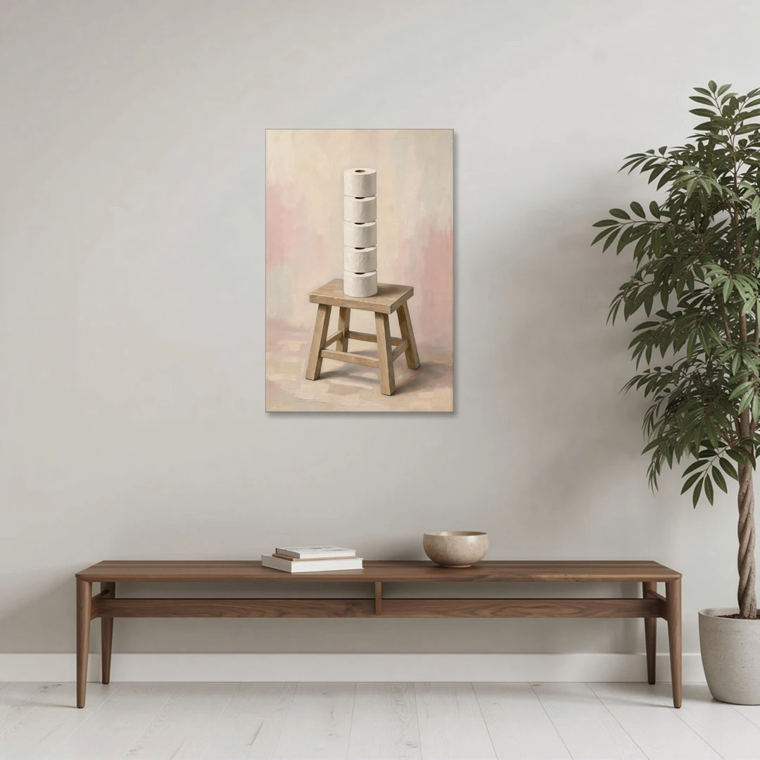 Stacked Toilet Paper Rolls on a Wooden Stool - Canvas Wall Art - Coffee Table - 24x36
