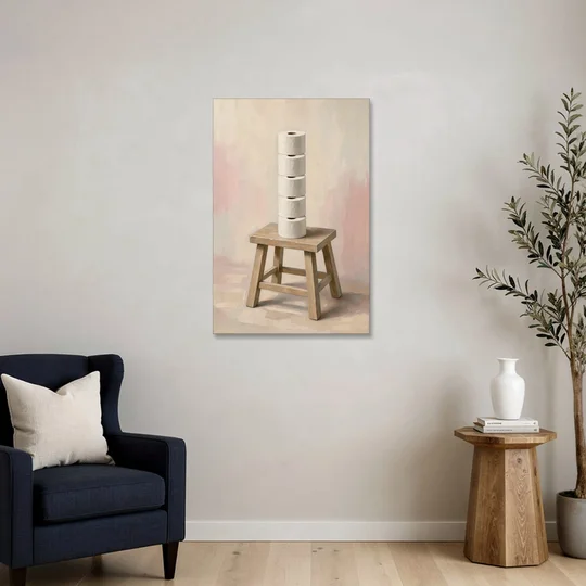 Stacked Toilet Paper Rolls on a Wooden Stool - Canvas Wall Art - Sofa - 24x36