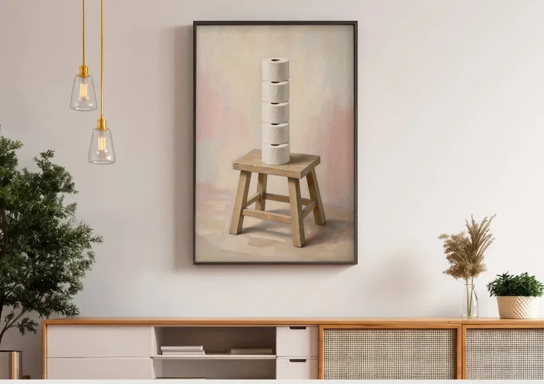 Stacked Toilet Paper Rolls on a Wooden Stool canvas wall art above a wooden sideboard under pendant lights