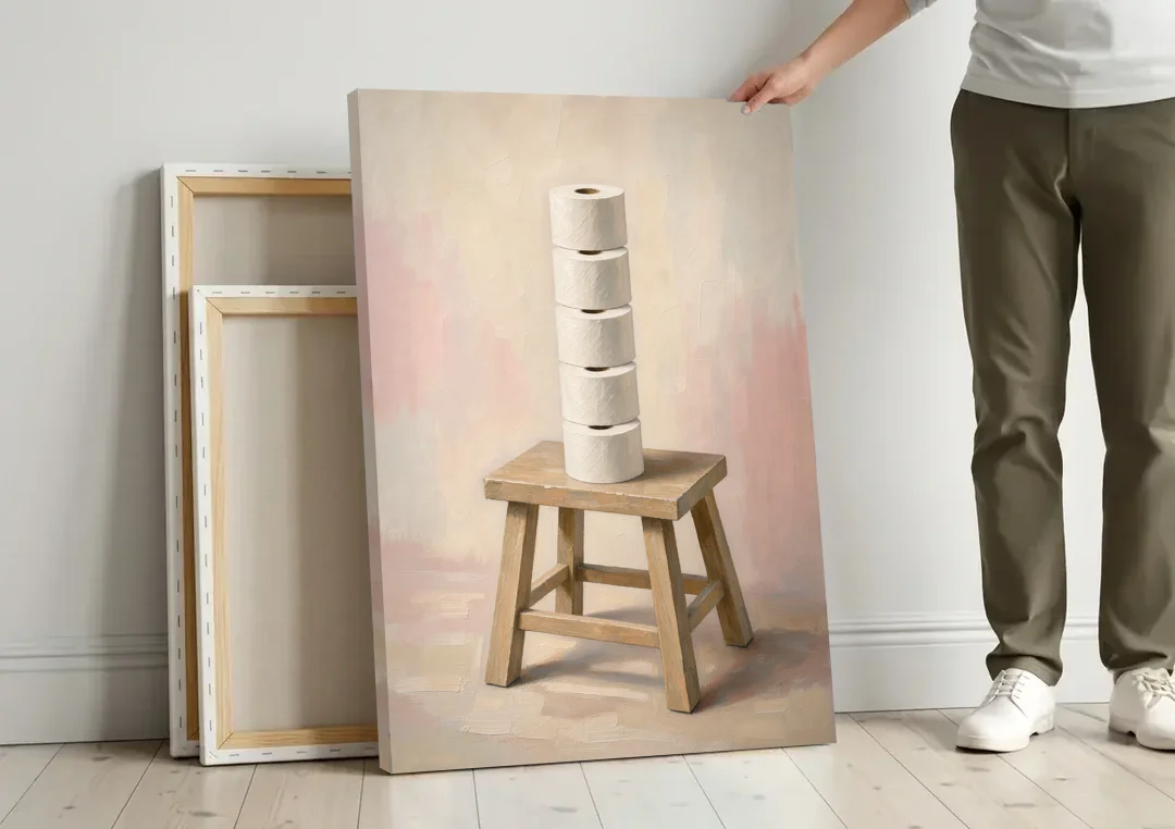 Stacked Toilet Paper Rolls on a Wooden Stool canvas wall art leaning against a wall next to blank canvases