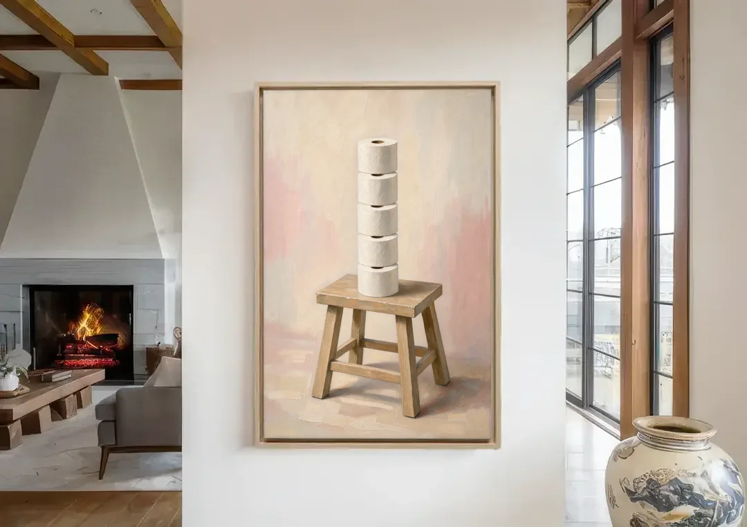 Stacked Toilet Paper Rolls on a Wooden Stool canvas wall art in a living room with a fireplace