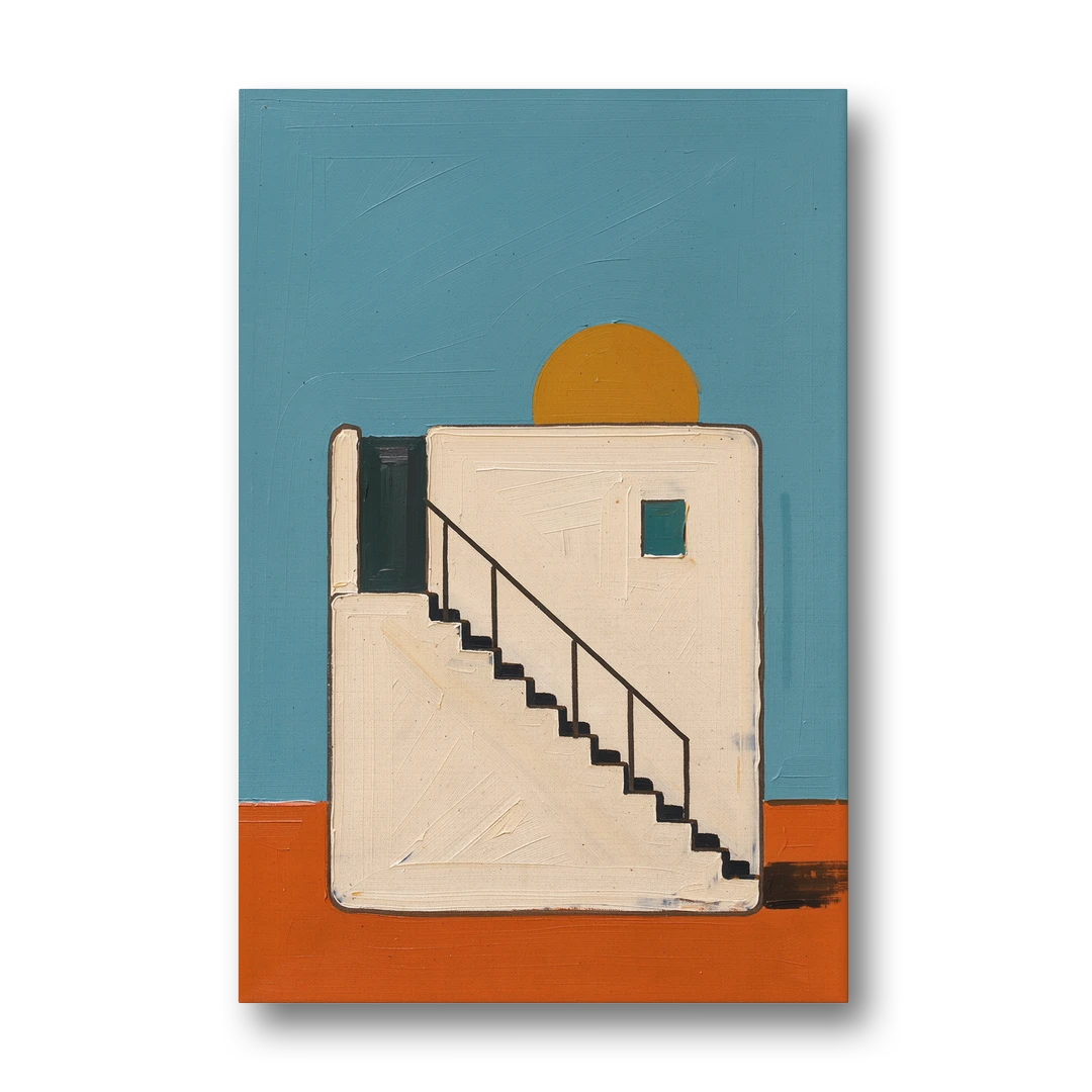 Stairway Art with a Low Sun Over the Roof - Canvas Wall Art - Front