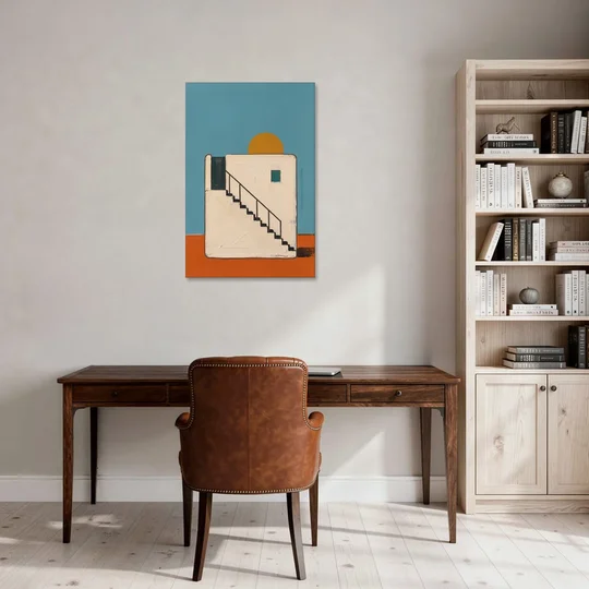 Stairway Art with a Low Sun Over the Roof - Canvas Wall Art - Office - 24x36