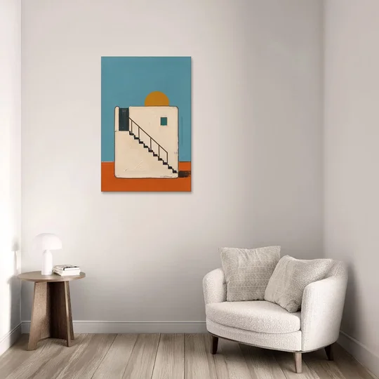 Stairway Art with a Low Sun Over the Roof - Canvas Wall Art - Sofa - 24x36