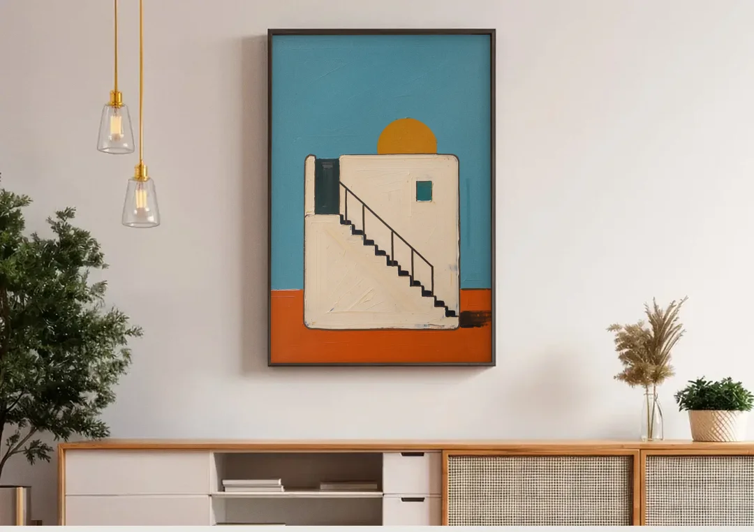 Stairway Art with a Low Sun Over the Roof canvas wall art above a wooden sideboard under pendant lights