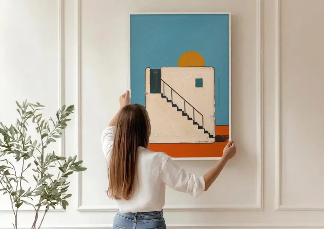 Stairway Art with a Low Sun Over the Roof canvas wall art being hung on a paneled wall