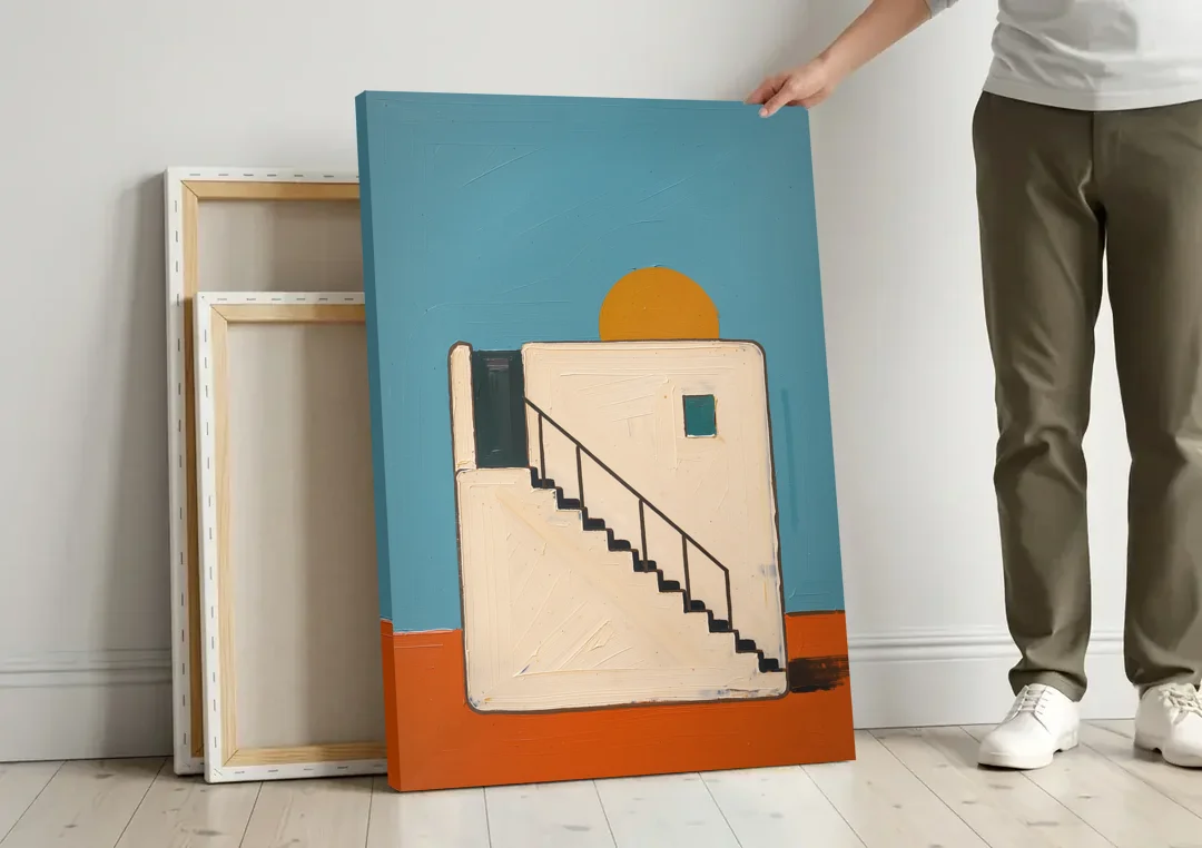 Stairway Art with a Low Sun Over the Roof canvas wall art leaning against a wall next to blank canvases