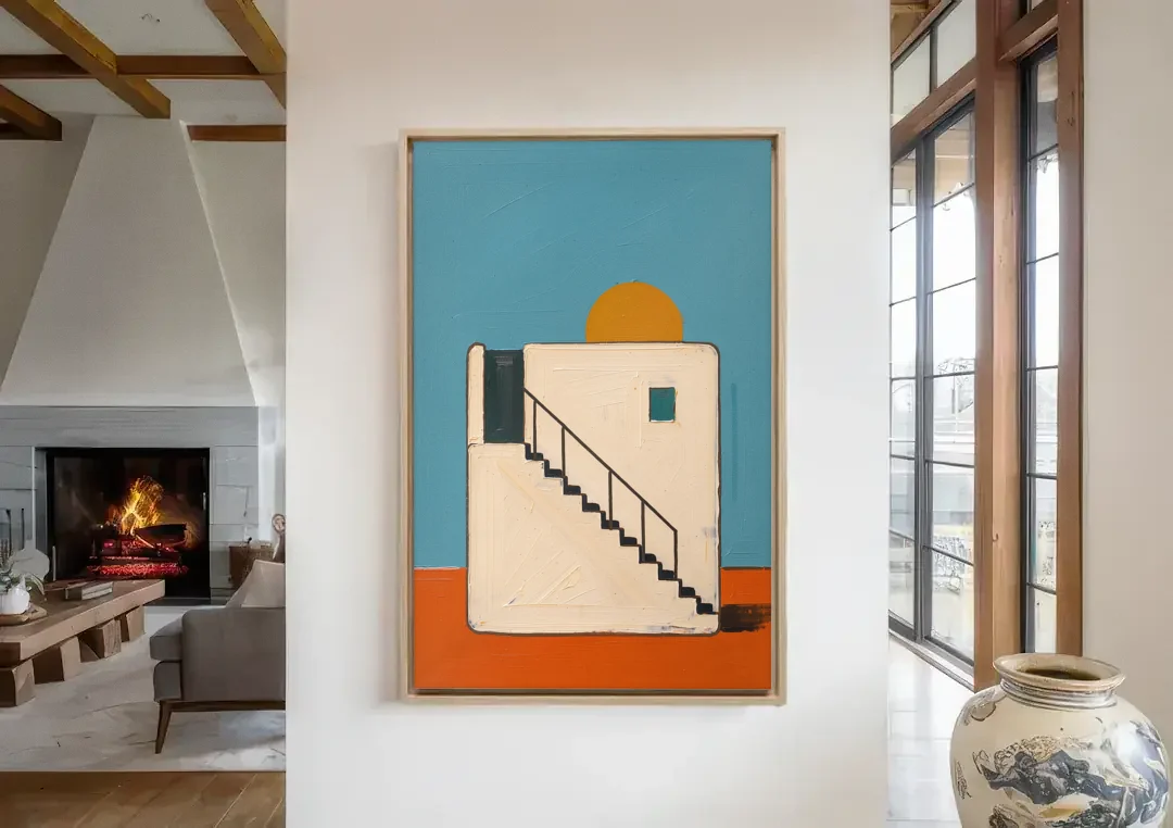 Stairway Art with a Low Sun Over the Roof canvas wall art in a living room with a fireplace
