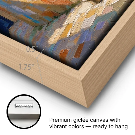Stairway Wall Art with Curving Iron Railing - Oak Framed Canvas Wall Art - Gallery Wrap Corner