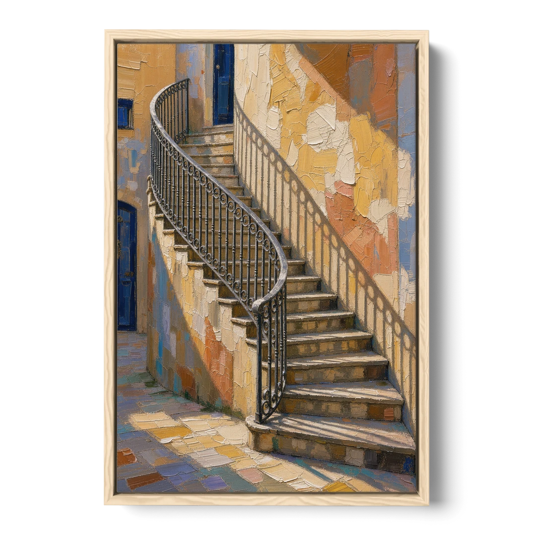 Stairway Wall Art with Curving Iron Railing - Oak Framed Canvas Wall Art - Front
