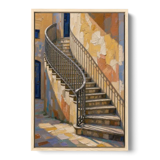 Stairway Wall Art with Curving Iron Railing - Oak Framed Canvas Wall Art - Front