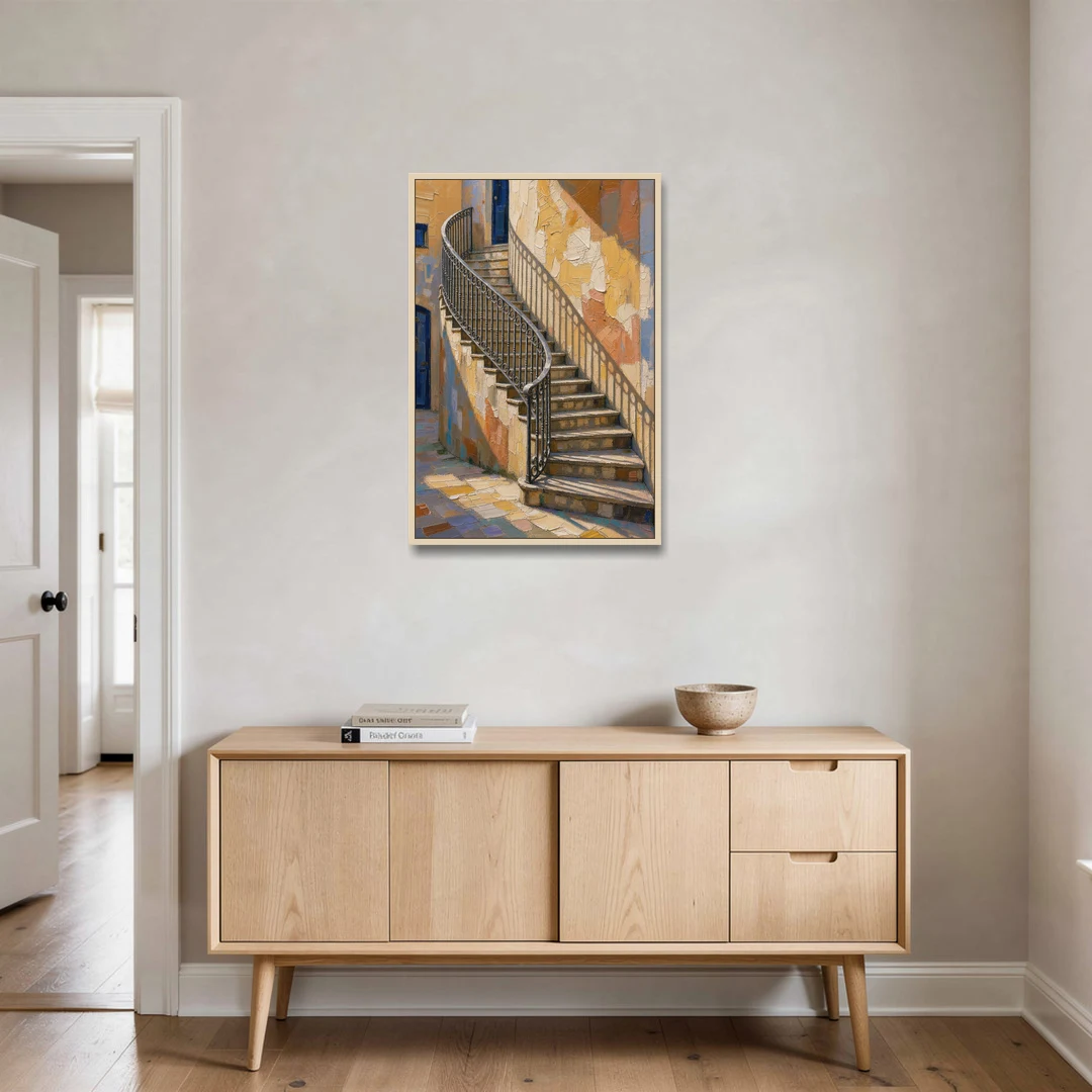 Stairway Wall Art with Curving Iron Railing - Oak Framed Canvas Wall Art - Coffee Table - 24x36
