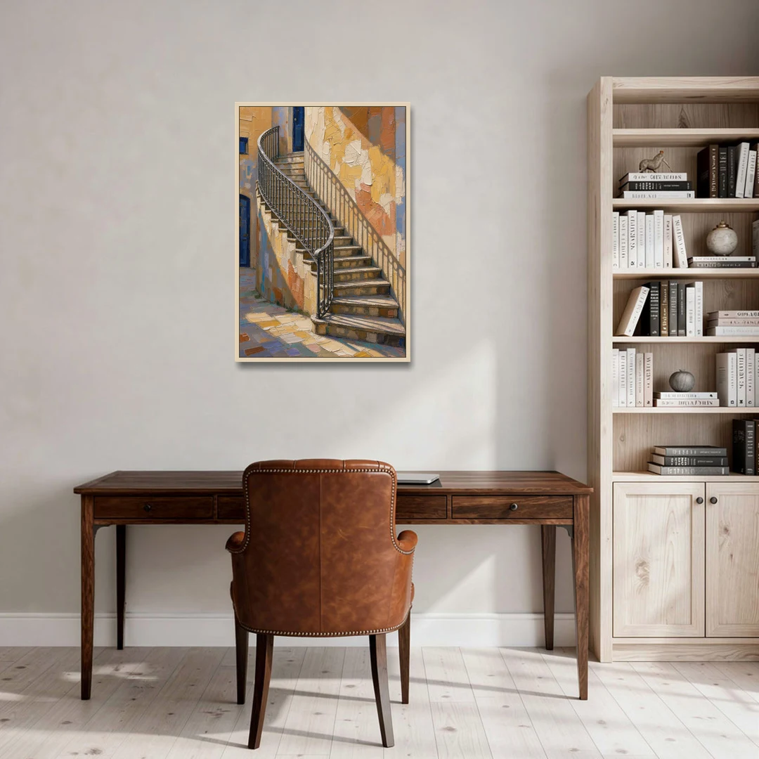 Stairway Wall Art with Curving Iron Railing - Oak Framed Canvas Wall Art - Office - 24x36