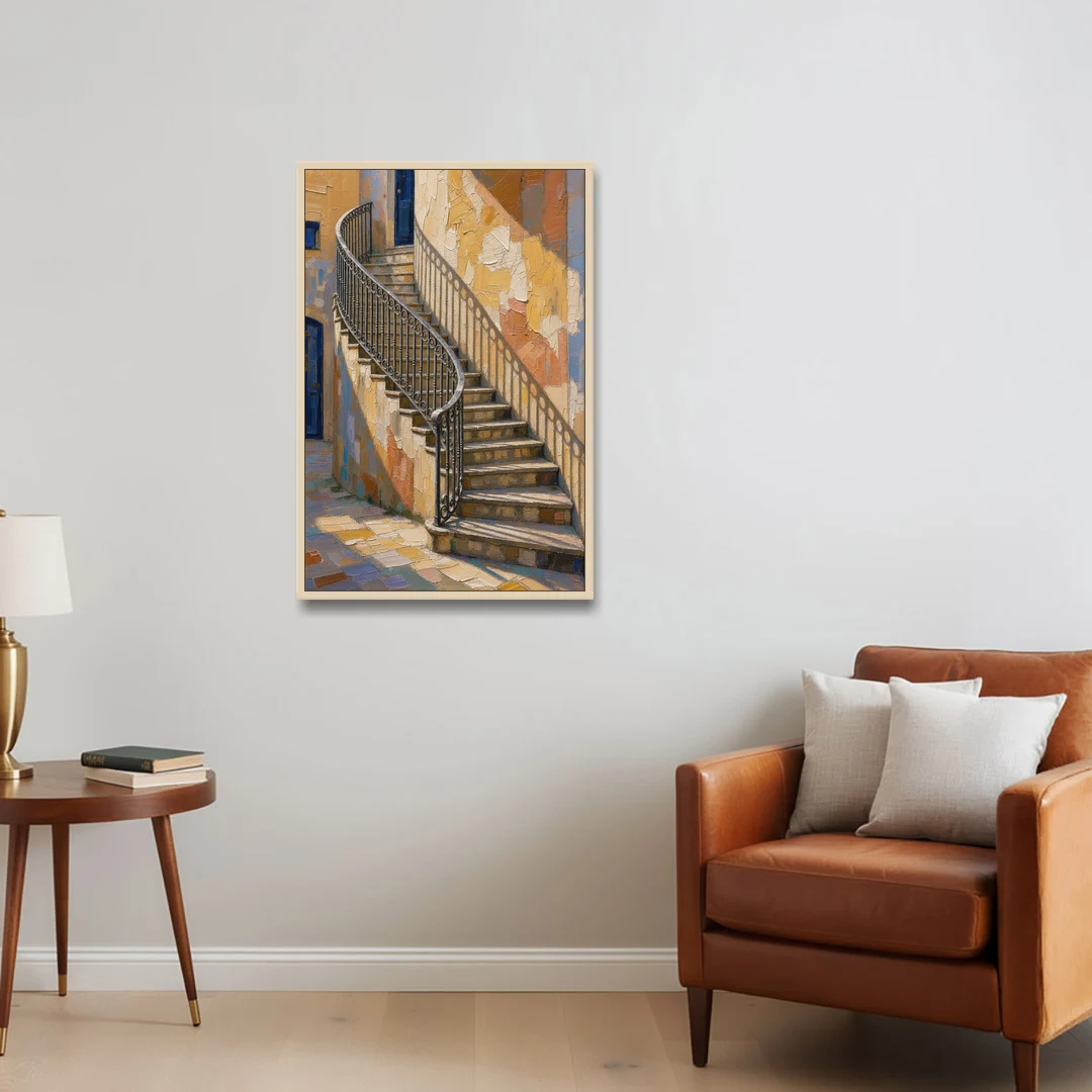 Stairway Wall Art with Curving Iron Railing - Oak Framed Canvas Wall Art - Sofa - 24x36