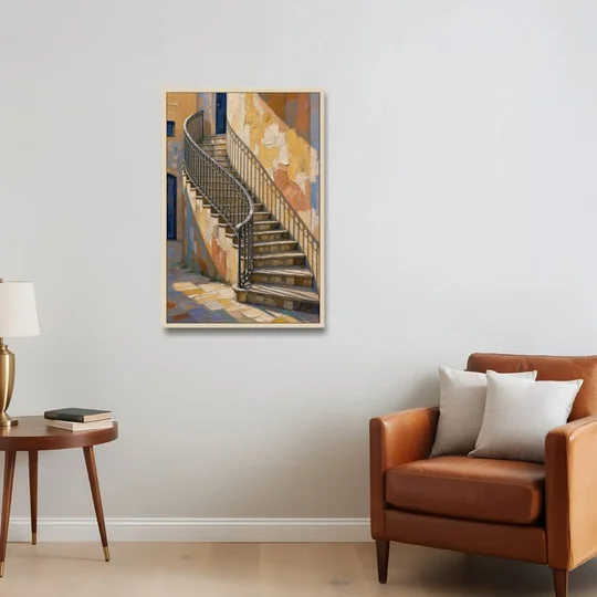 Stairway Wall Art with Curving Iron Railing - Oak Framed Canvas Wall Art - Sofa - 24x36