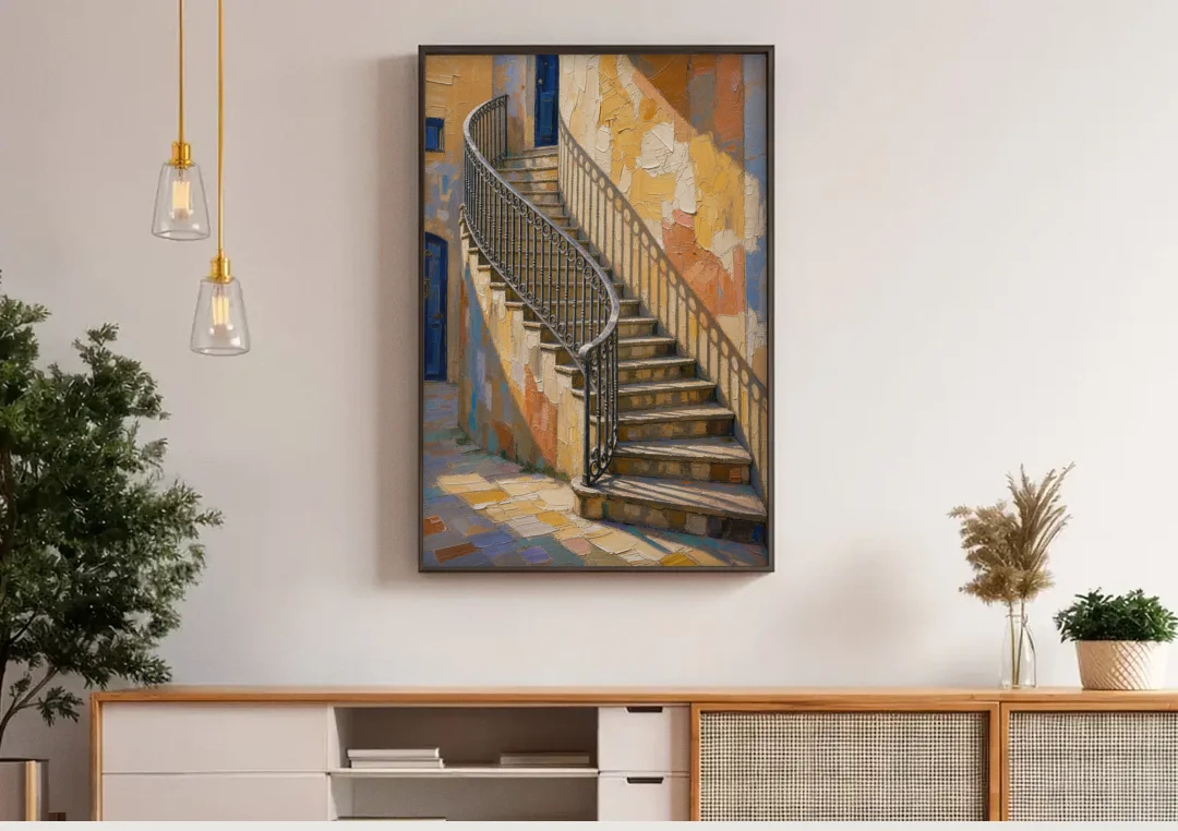 Stairway Wall Art with Curving Iron Railing canvas wall art above a wooden sideboard under pendant lights