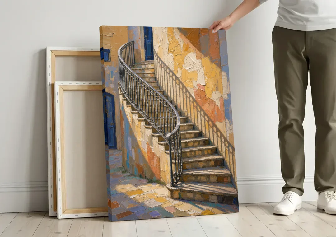 Stairway Wall Art with Curving Iron Railing canvas wall art leaning against a wall next to blank canvases