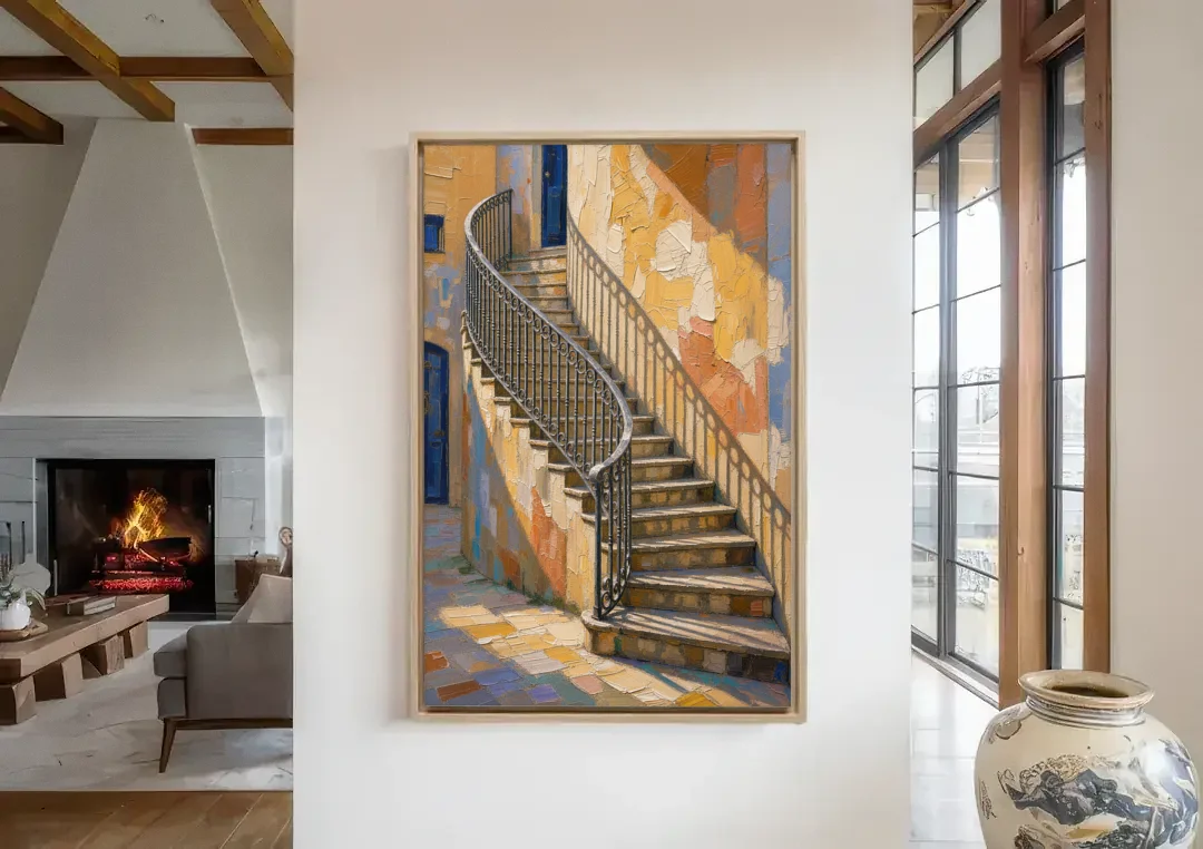 Stairway Wall Art with Curving Iron Railing canvas wall art in a living room with a fireplace