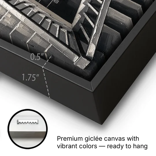 Stairwell Art of a Square Switchback Descent - Black Framed Canvas Wall Art - Gallery Wrap Corner