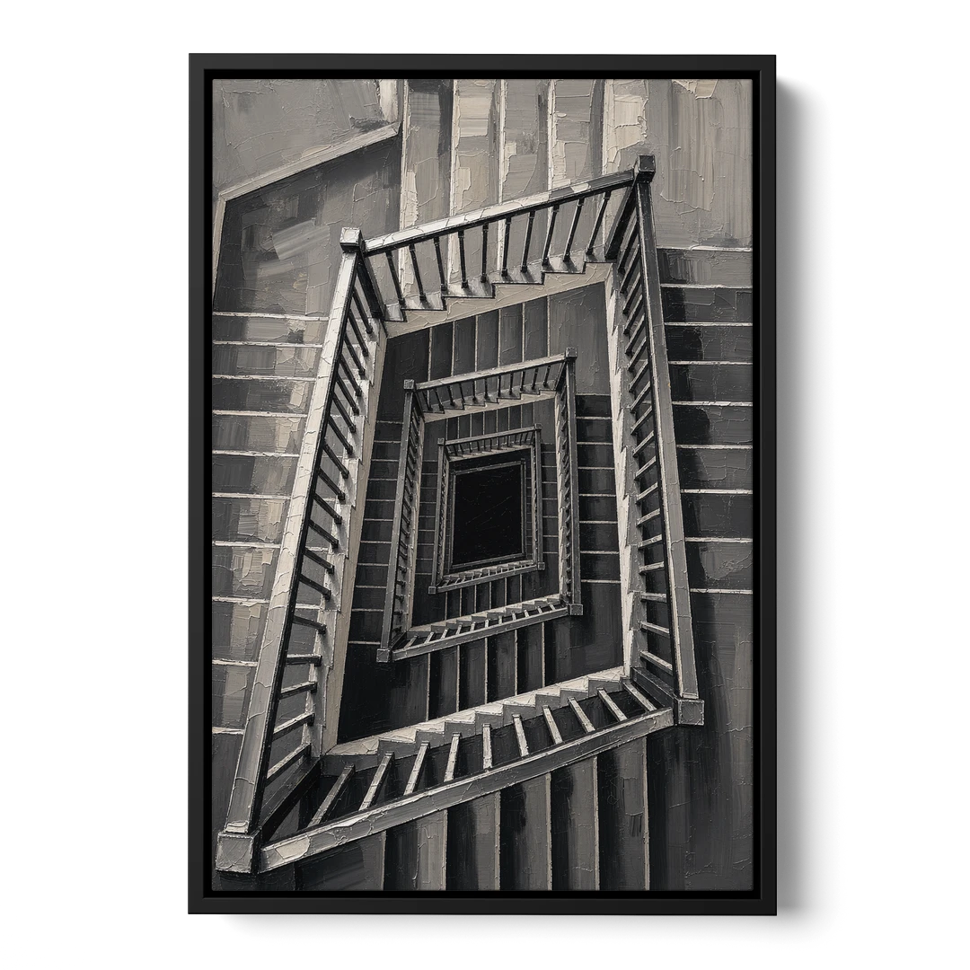 Stairwell Art of a Square Switchback Descent - Black Framed Canvas Wall Art - Front