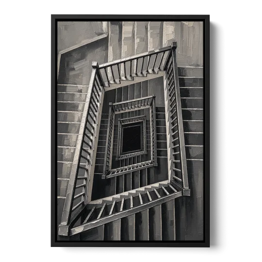 Stairwell Art of a Square Switchback Descent - Black Framed Canvas Wall Art - Front