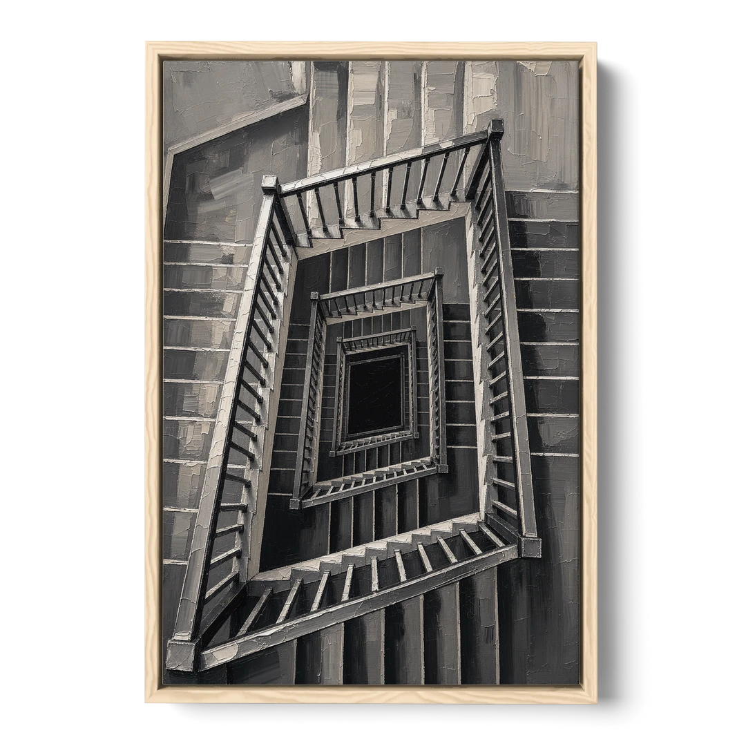 Stairwell Art of a Square Switchback Descent - Oak Framed Canvas Wall Art - Front