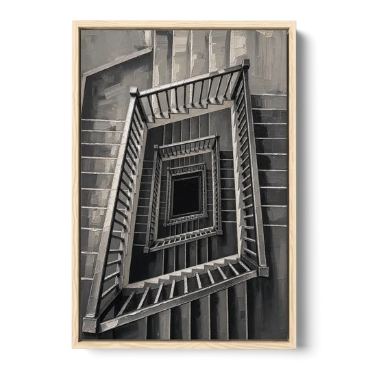 Stairwell Art of a Square Switchback Descent - Oak Framed Canvas Wall Art - Front